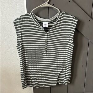 CAbi Gray and White Striped Short Sleeve Top